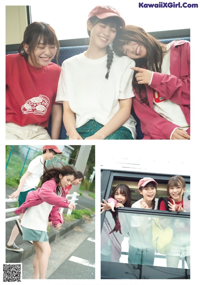 A couple of young women sitting on top of a bus.