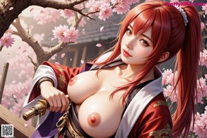 A woman in traditional attire stands by an open door, holding a sword, with cherry blossoms falling around her.