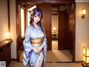 A woman in a blue kimono is posing for a picture.