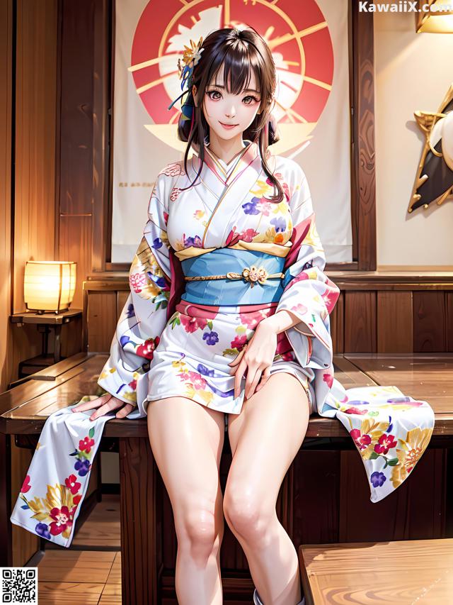 A woman in a kimono sitting on a table.