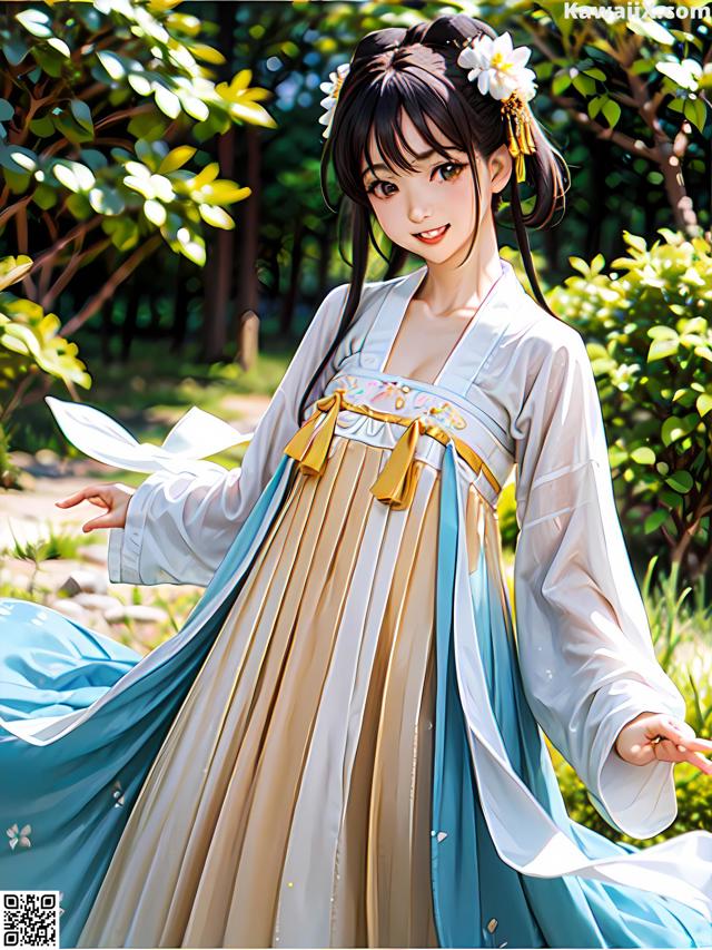 A woman in a blue and white dress with a flower in her hair.