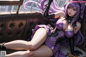 a sexy anime girl with purple hair and big tits posing for the camera
