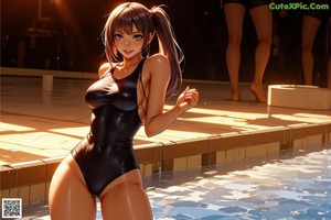 A woman in a purple bikini standing in a pool.
