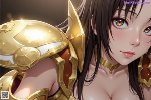A woman dressed in a golden outfit posing for a picture.