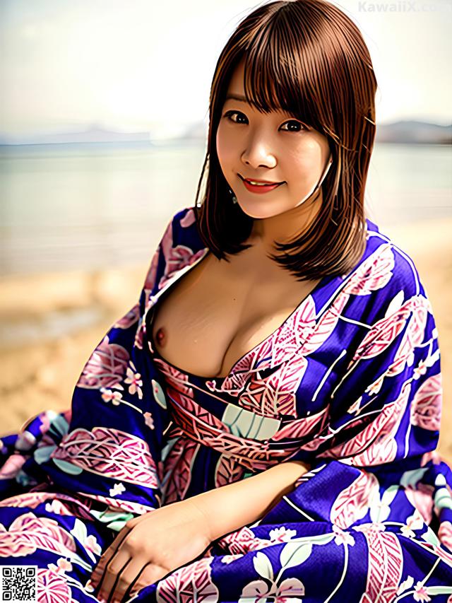 A woman in a kimono sitting on the beach.