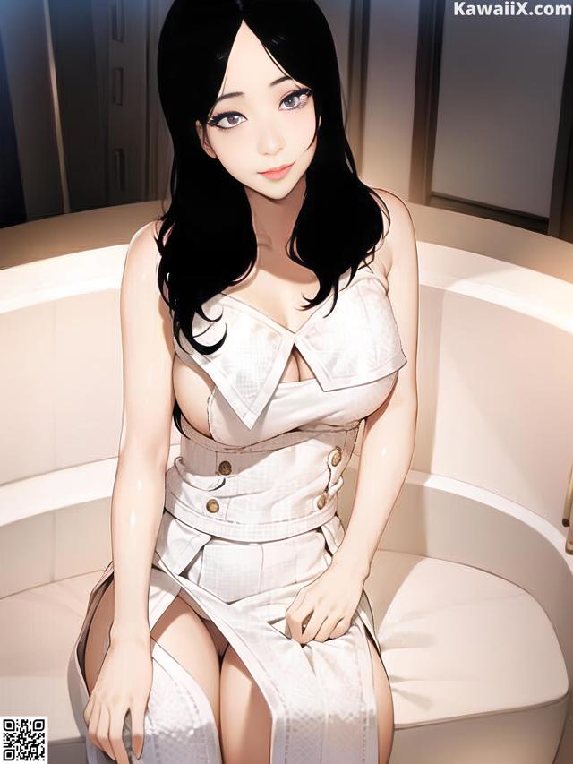 A woman in a white dress sitting in a bathtub.