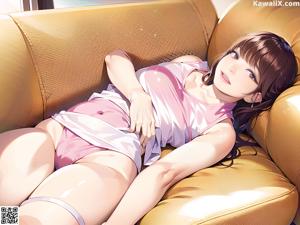 A woman in a white bathing suit sitting on a bed.