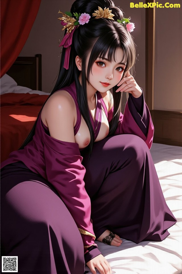 A woman in a purple dress sitting on a bed.