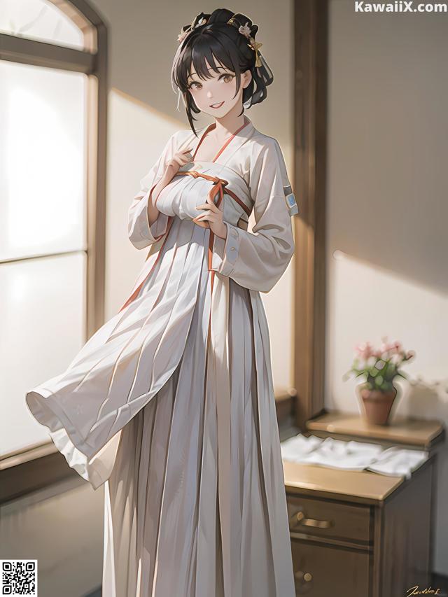 A woman in a white kimono standing in front of a window.