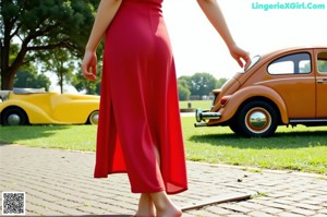 A woman in a red dress standing in front of a window.
