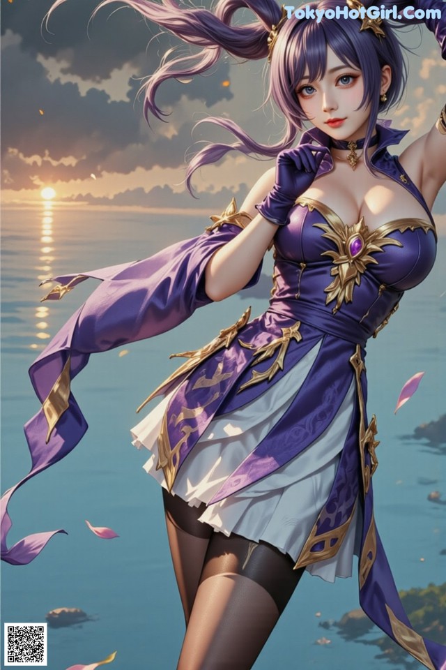Hentai - Sovereign of Lightning in Exquisite Garb Set.2 20250126 Part 18 No.9607a2 A woman in a purple and white outfit standing on a beach.
