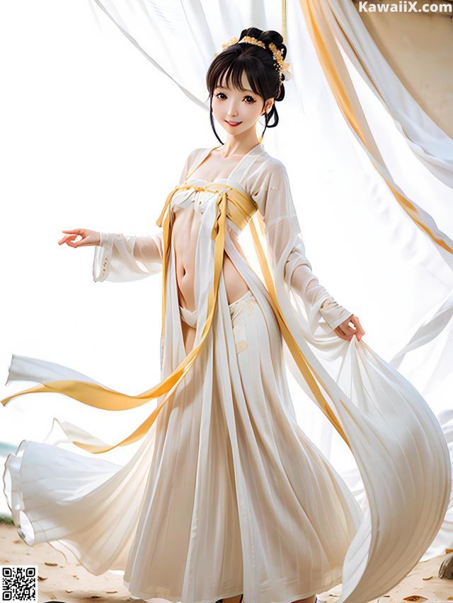 A woman in a white and yellow dress standing on a beach.