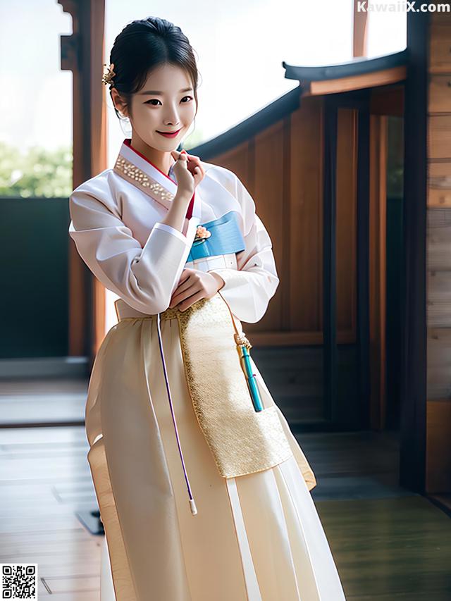 A woman in a white and blue hanbok is posing for a picture.