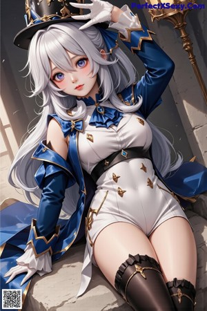 A woman in a white and blue outfit with a hat.