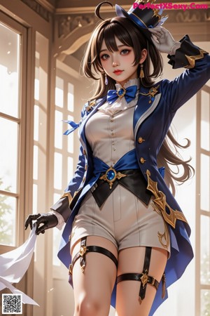 A woman in a blue and white outfit is posing for a picture.