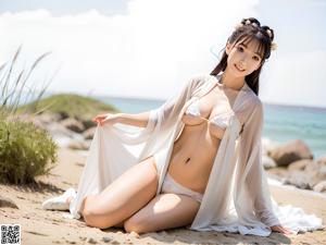 A woman in a white robe standing on a beach.