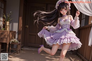 a woman in a purple dress and bonnet sitting on a couch