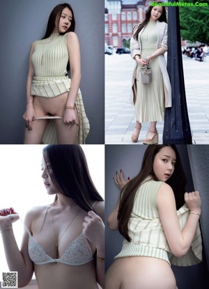 A naked asian woman leaning against a curtain.