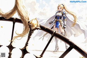 A woman in a blue and white outfit holding a sword.