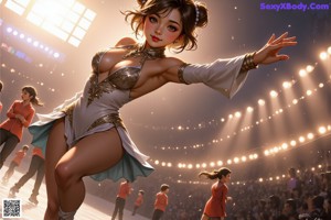 A woman in a white and gold outfit dancing on a stage.