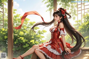 A woman in a red and white dress is dancing in a garden.