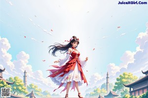 A woman in a red and white dress sitting on some steps.