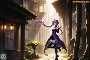 A woman with purple hair wearing a white and black outfit.