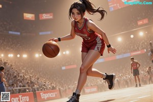 A woman in a basketball uniform crouching on a basketball court.