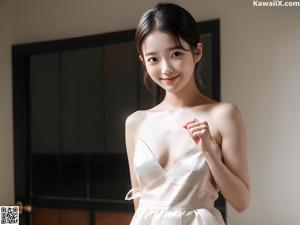 A woman in a pink and white hanbok poses for a picture.