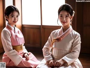 A woman in a pink and white hanbok sitting on the floor.