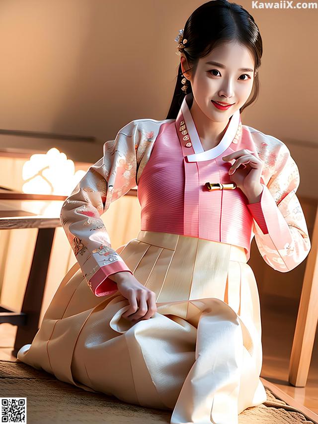 A woman in a pink and white hanbok sitting on the floor.