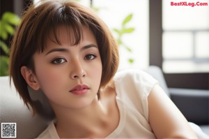 A woman in a white lingerie posing on a bed.