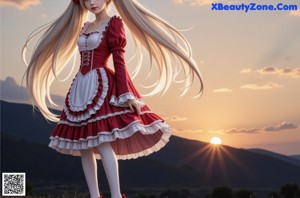 a girl in a red and white dress standing on a porch