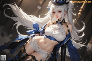 Anime girl with long white hair sitting on a chair.