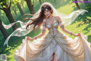 A woman in a wedding dress standing in the woods.