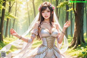 A woman in a wedding dress standing in a forest.