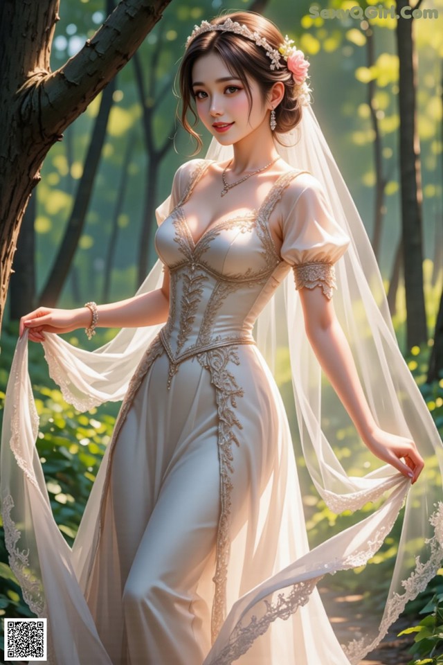 A woman in a wedding dress standing in the woods.