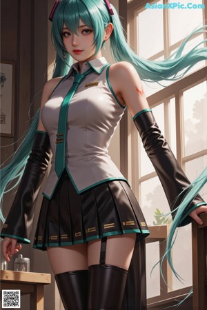 A woman with long green hair wearing a school uniform.