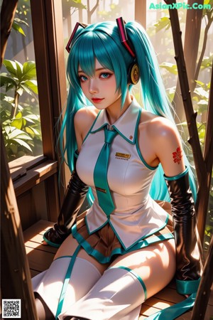 A girl with long green hair sitting on a ledge.