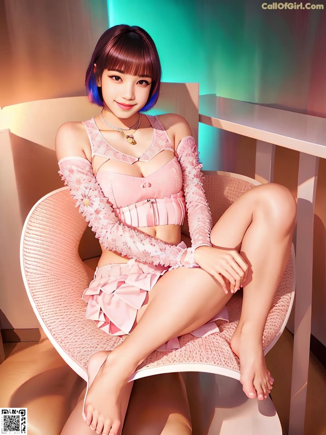 A woman in a pink lingerie sitting on a chair.