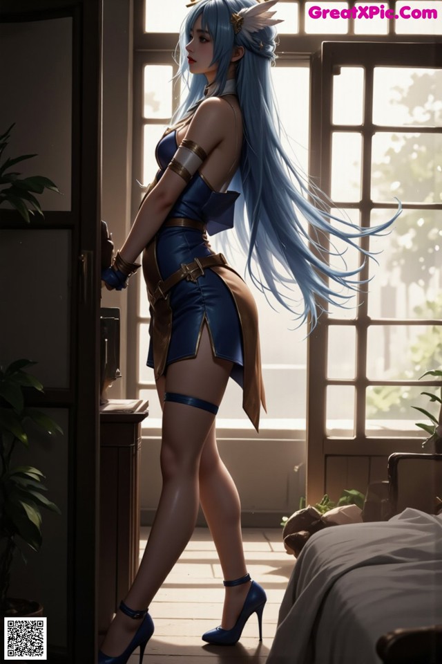 A woman with long blue hair standing in front of a window.