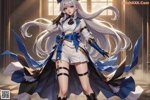 Anime girl with long white hair wearing a blue and white outfit.