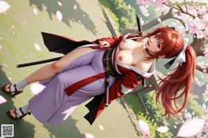 A woman in traditional attire holds a sword, surrounded by blossoms.