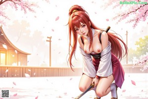 A woman in a traditional kimono stands outdoors with cherry blossoms and a sword.