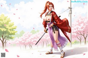 A woman in a traditional kimono stands outdoors with cherry blossoms and a sword.