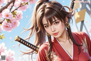 A woman in traditional attire holds swords, standing outdoors with cherry blossoms and a building in the background.