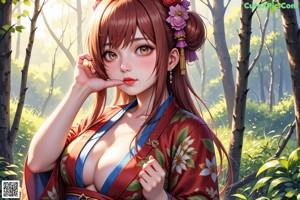 A woman in a red kimono is standing in the woods.