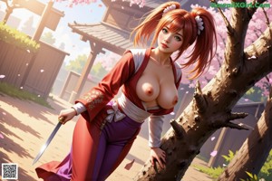 A woman in traditional attire stands on a stone bridge near a pond, surrounded by cherry blossoms.