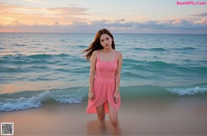 A woman with long brown hair wearing a nude top.