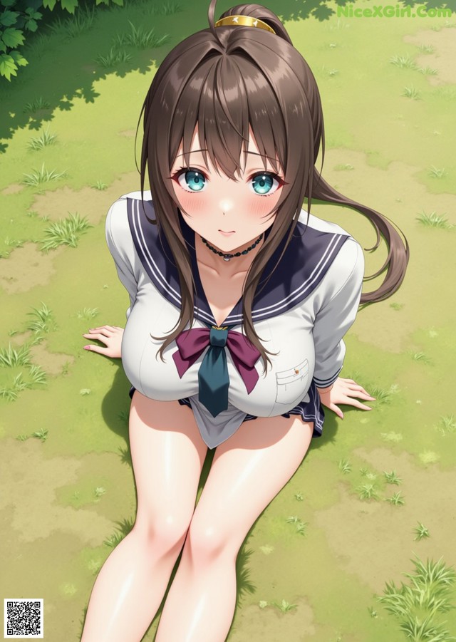 A girl in a school uniform laying on the ground.